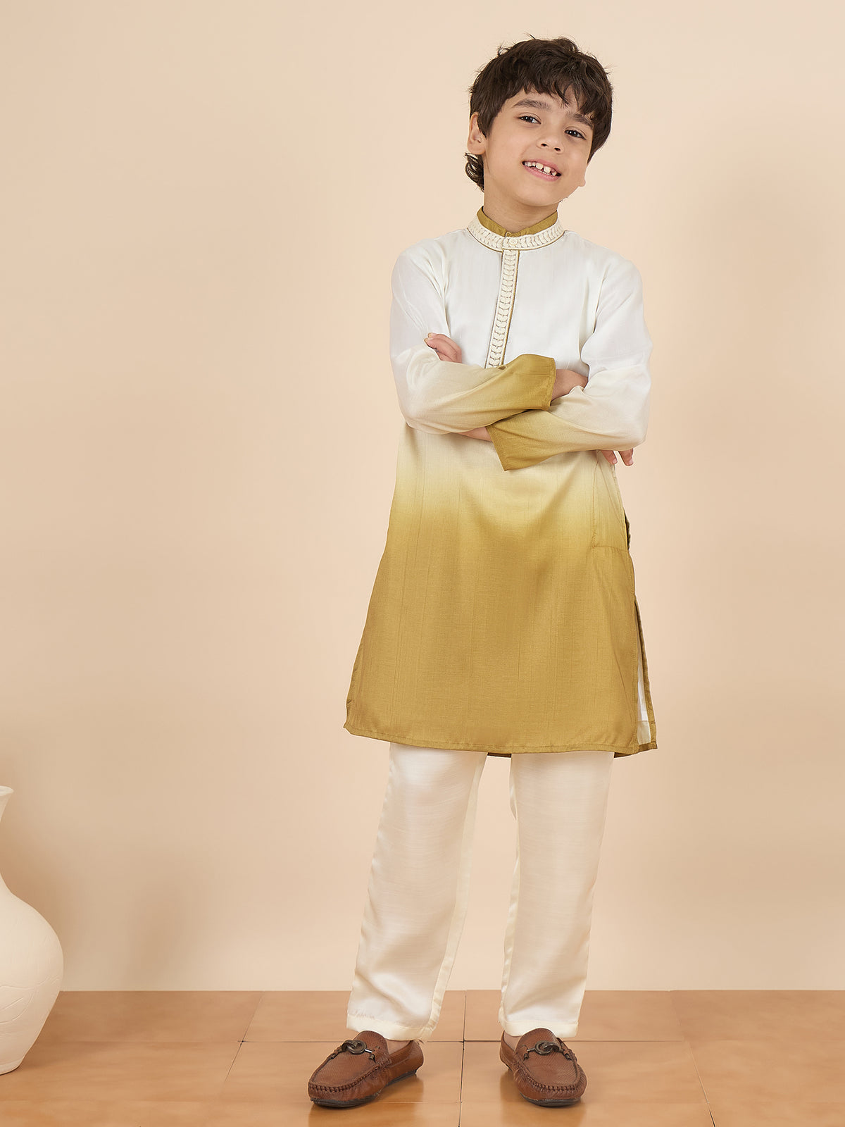 Boys Full Length Solid Kurta Set - Off-White