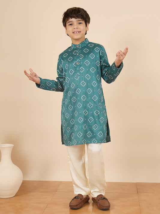 Boys Above Knee All over Print Kurta Set - Green