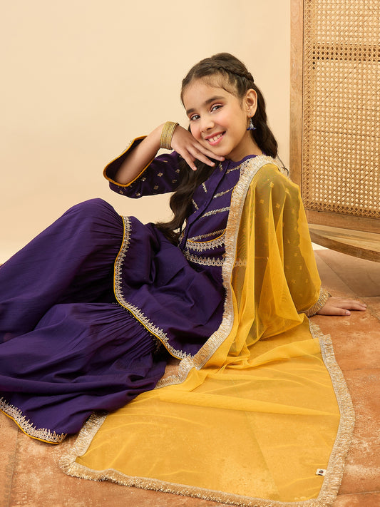 Girls Above Knee Embroidery Kurti Set - Purple