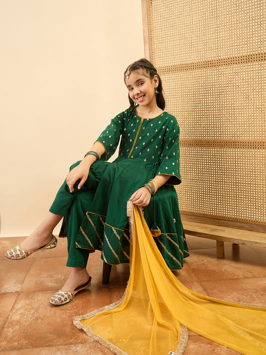 Girls Below Knee Embroidery Kurti Set - Green