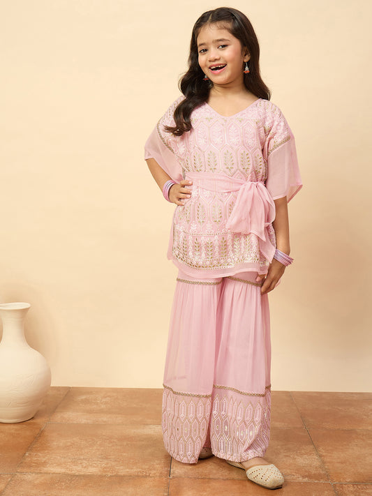 Girls Hip Length Embroidery Kurti Set - Pink