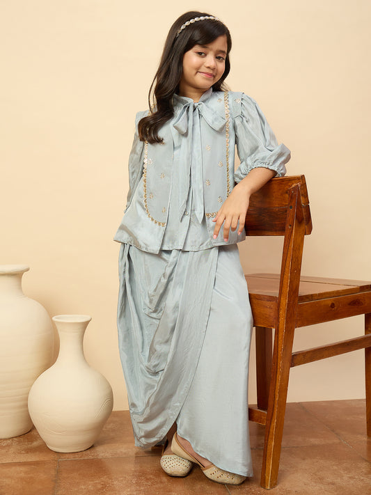 Girls Embroidery Top with Saree - Blue