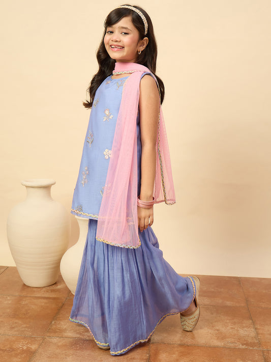 Girls Above Knee Embroidery Kurti Set - Blue