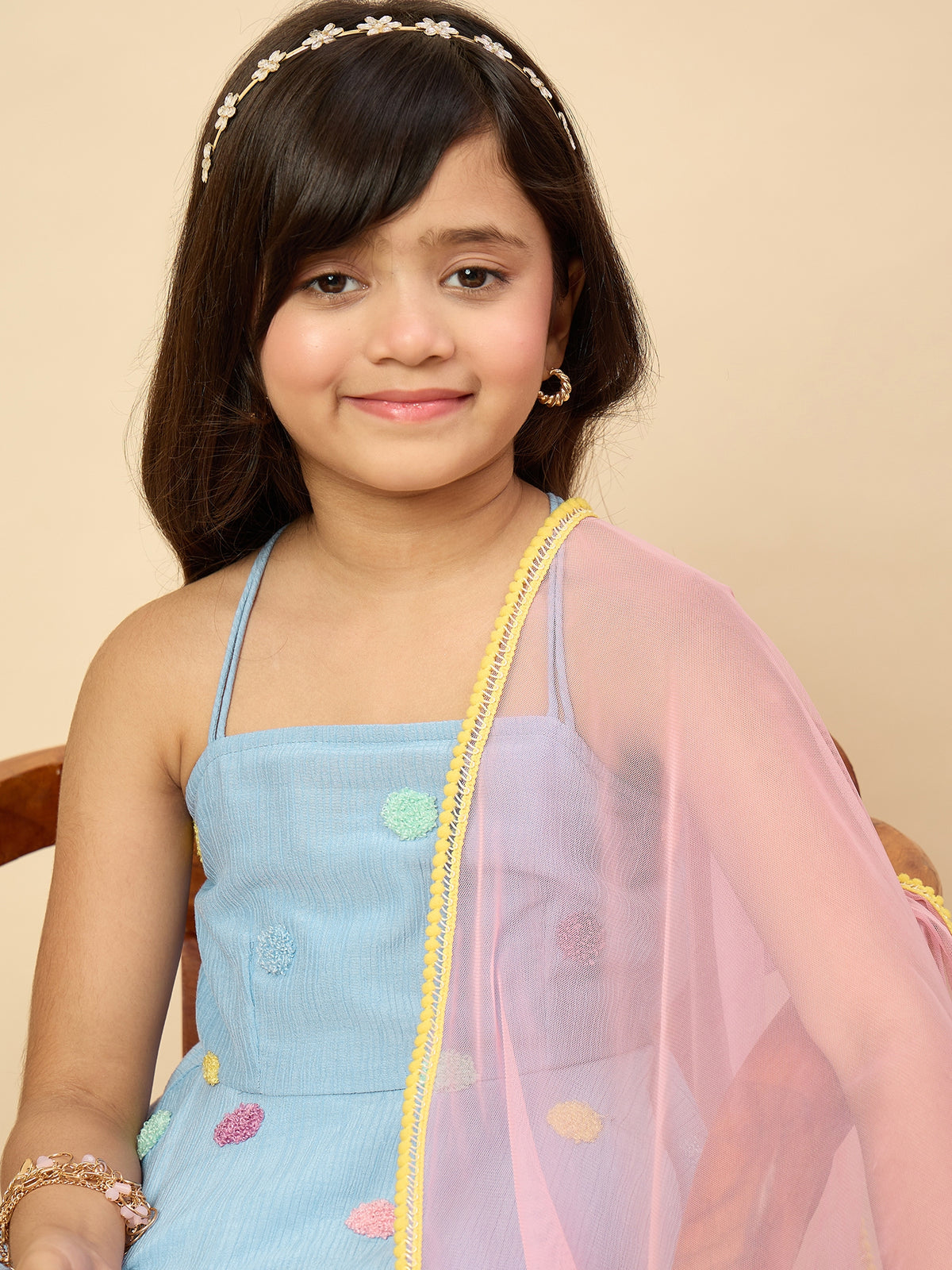 Girls Hip Length Embroidery Kurti Set - Blue