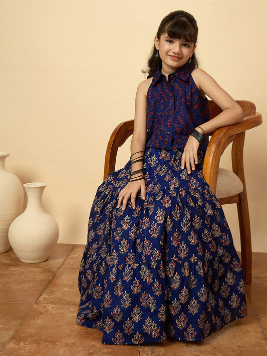Girls Hip Length All over Print Lehenga Choli - Navy Blue