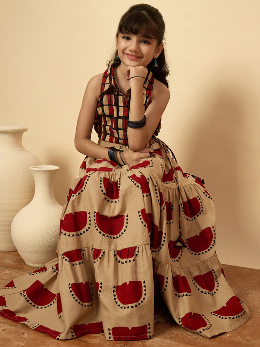Girls Hip Length All over Print Lehenga Choli - Red