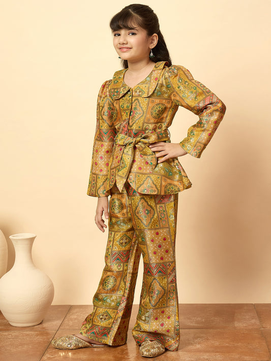 Girls Hip Length All over Print Kurti Set - Yellow