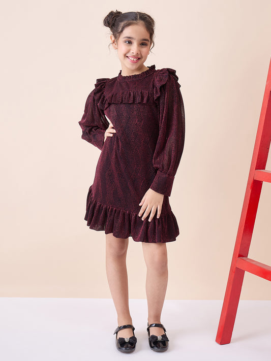 Girls Knee Length Solid Dress - Maroon