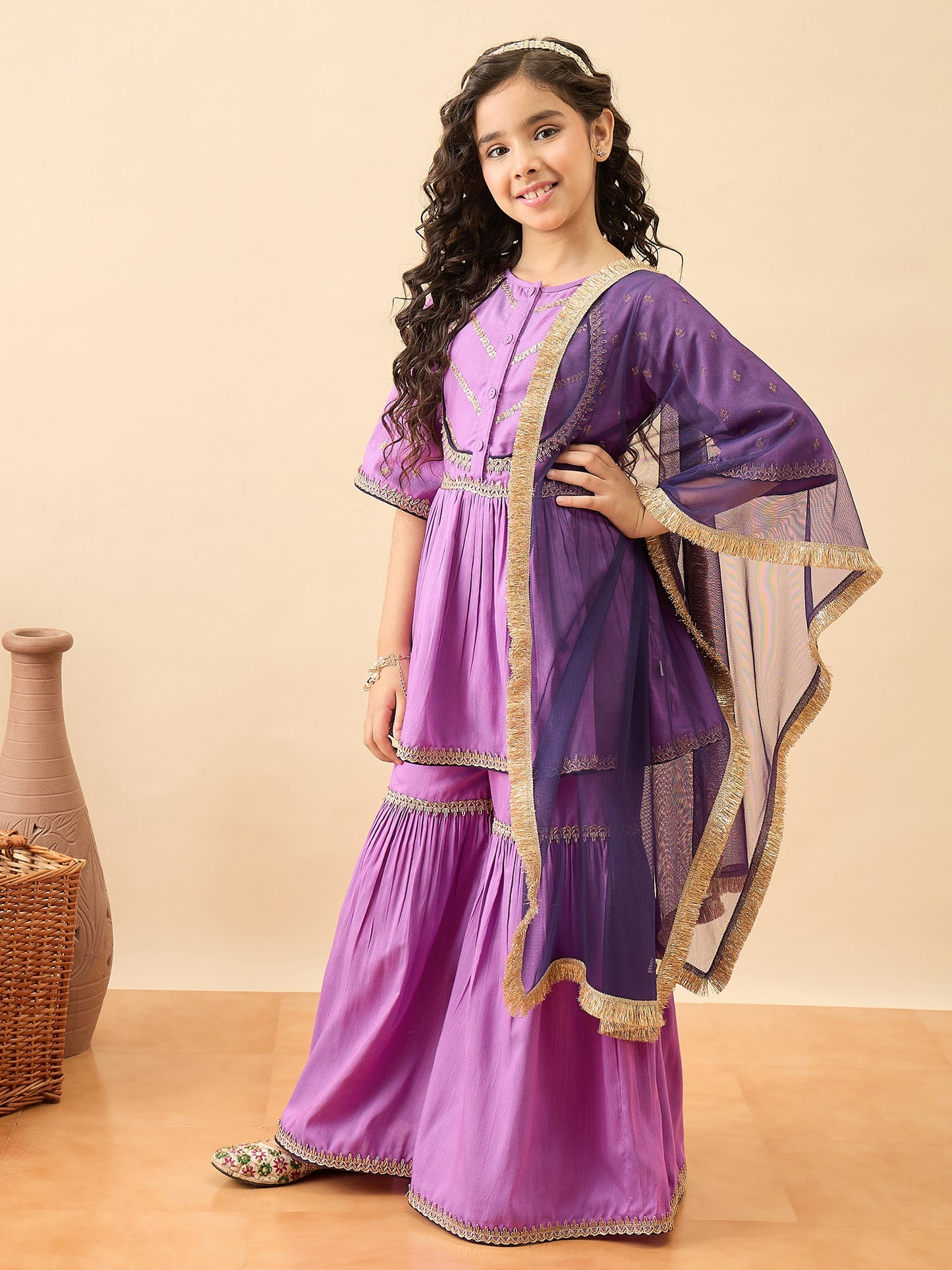 Girls Embroidery Kurti Set - Lavender