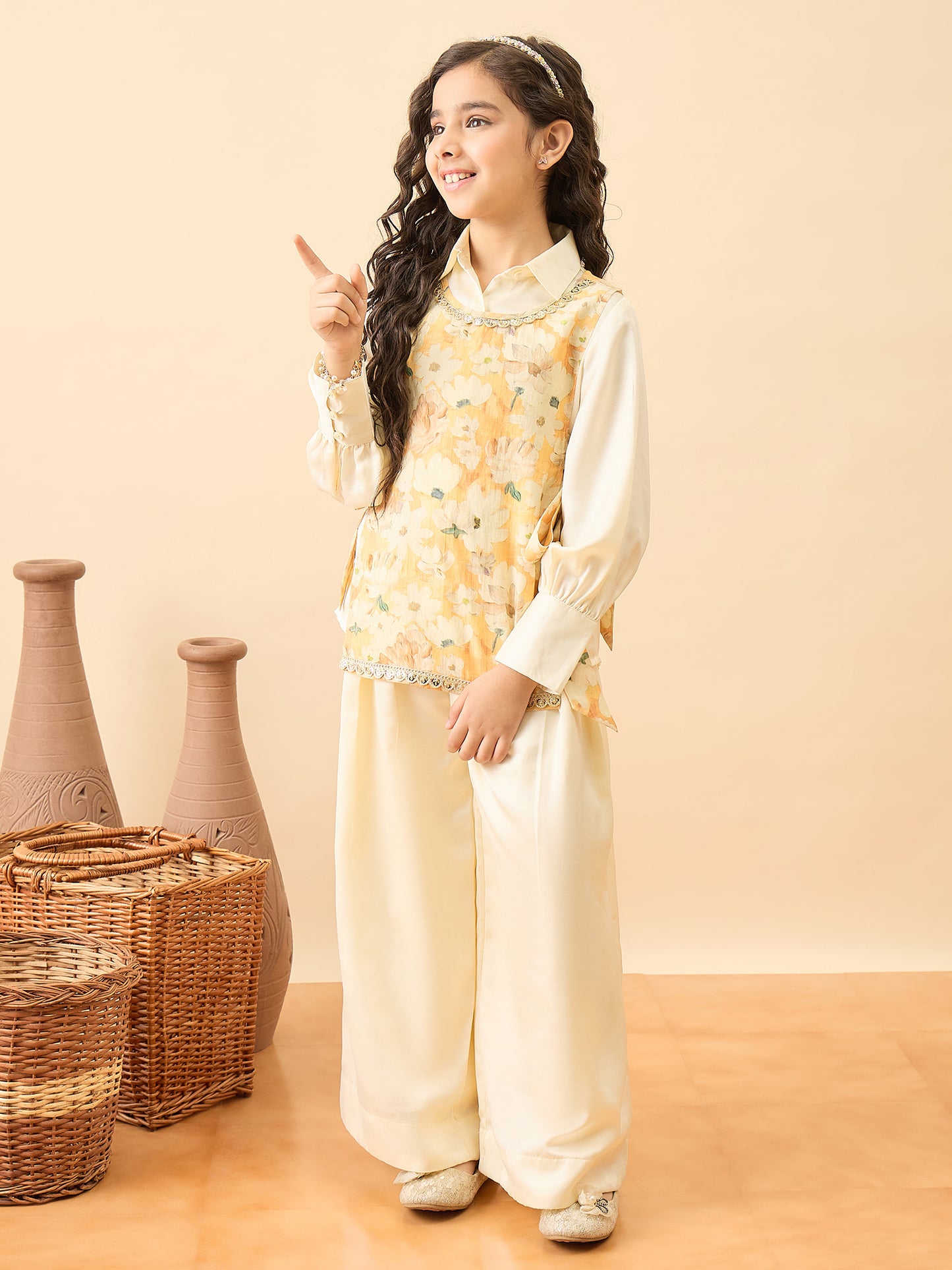 Girls Hip Length Printed Top With Pants - Yellow