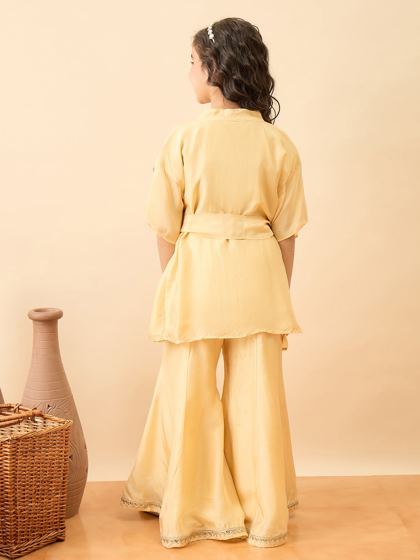 Girls Hip Length Embroidery Kurti Set - Yellow