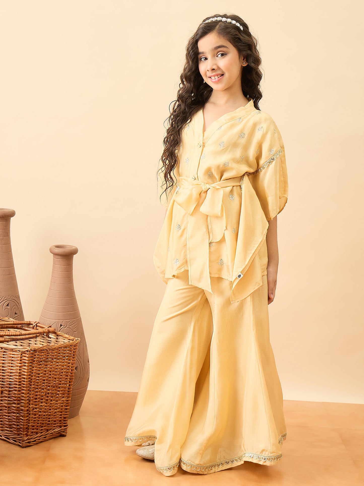 Girls Hip Length Embroidery Kurti Set - Yellow