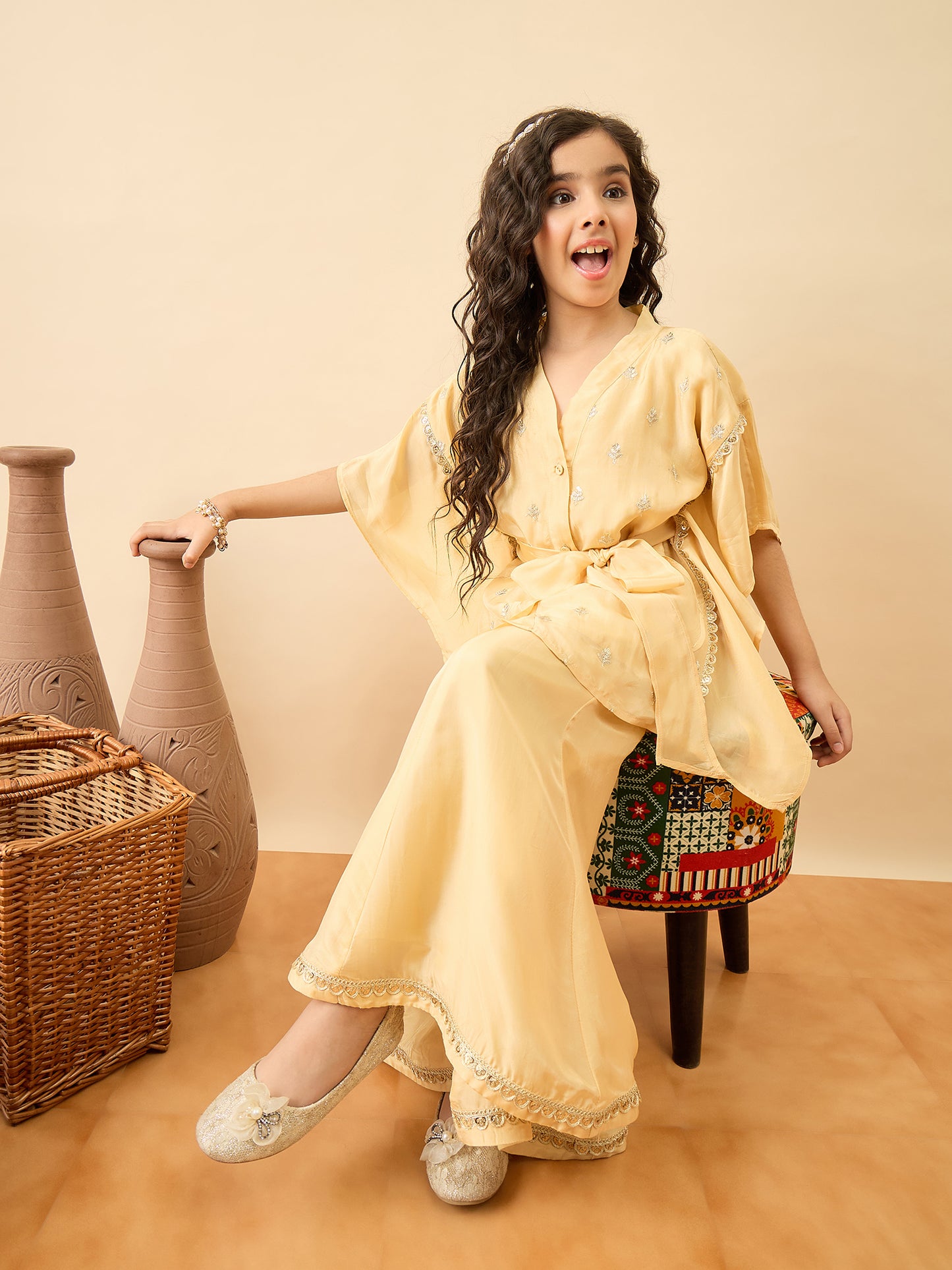 Girls Hip Length Embroidery Kurti Set - Yellow