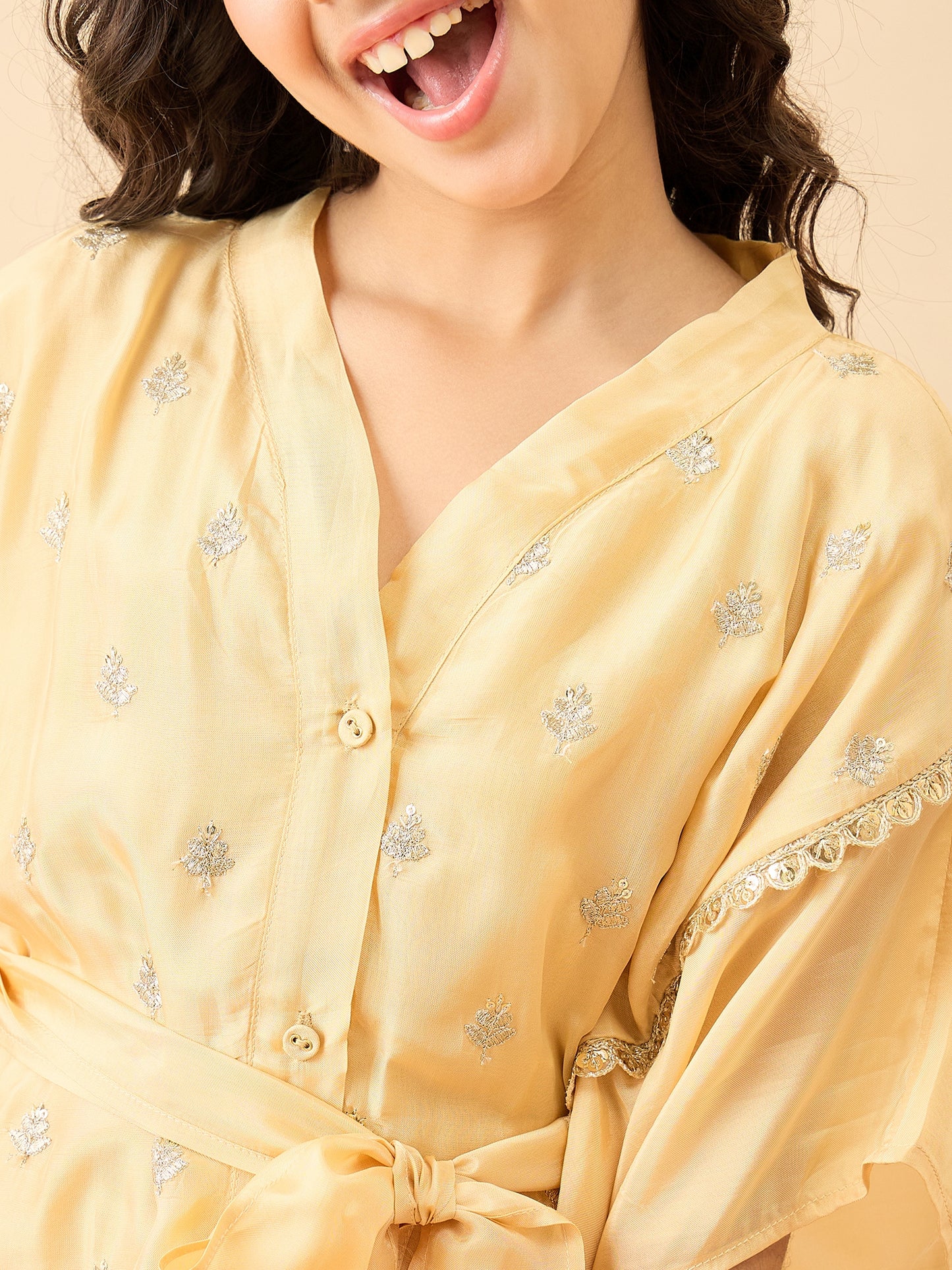 Girls Hip Length Embroidery Kurti Set - Yellow