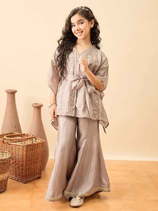 Girls Hip Length Embroidery Kurti Set - Grey