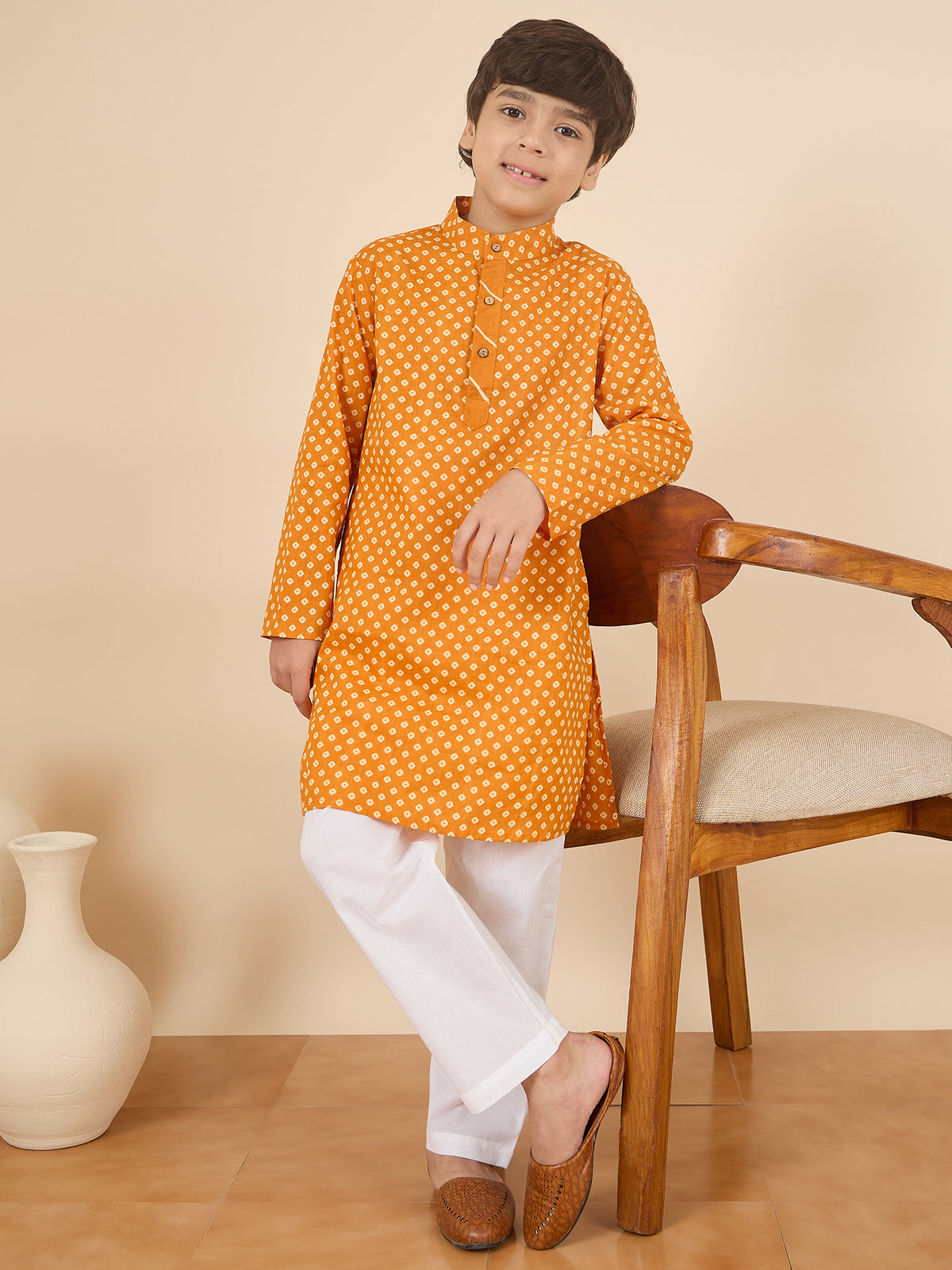 Boys Full Length All over Print Kurta Set - Yellow