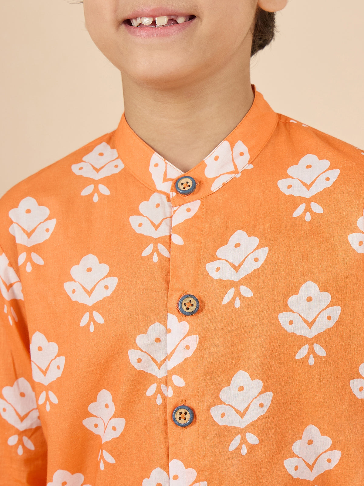 Boys Full Length All over Print Kurta Set - Orange