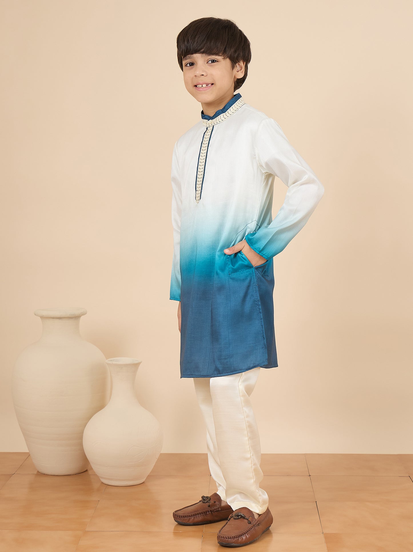 Boys Full Length Solid Kurta Set - Off-White