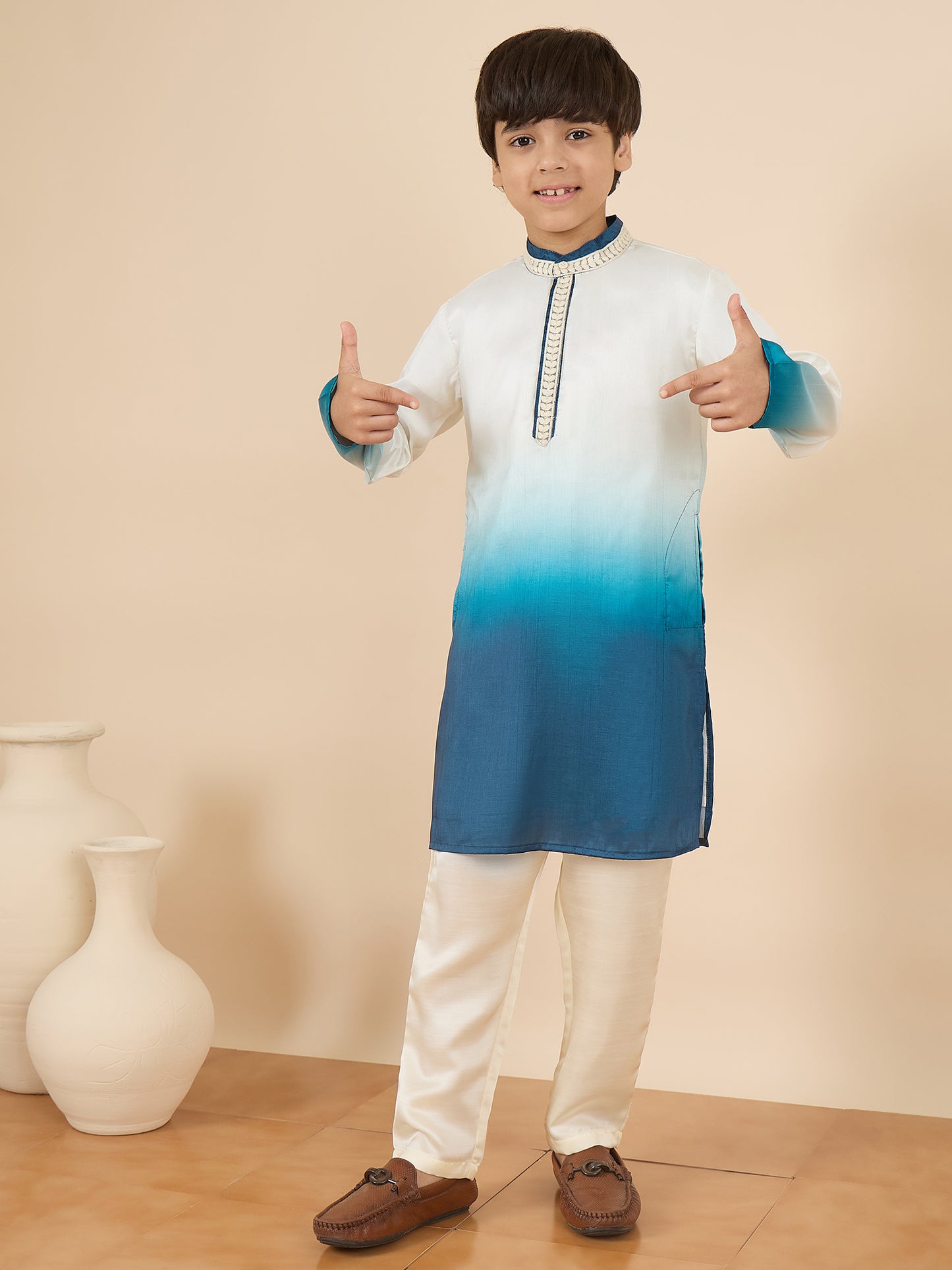 Boys Full Length Solid Kurta Set - Off-White