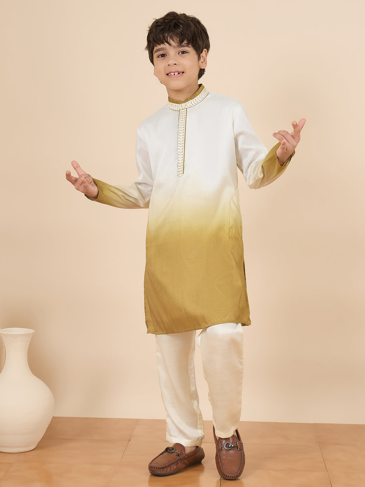 Boys Full Length Solid Kurta Set - Off-White