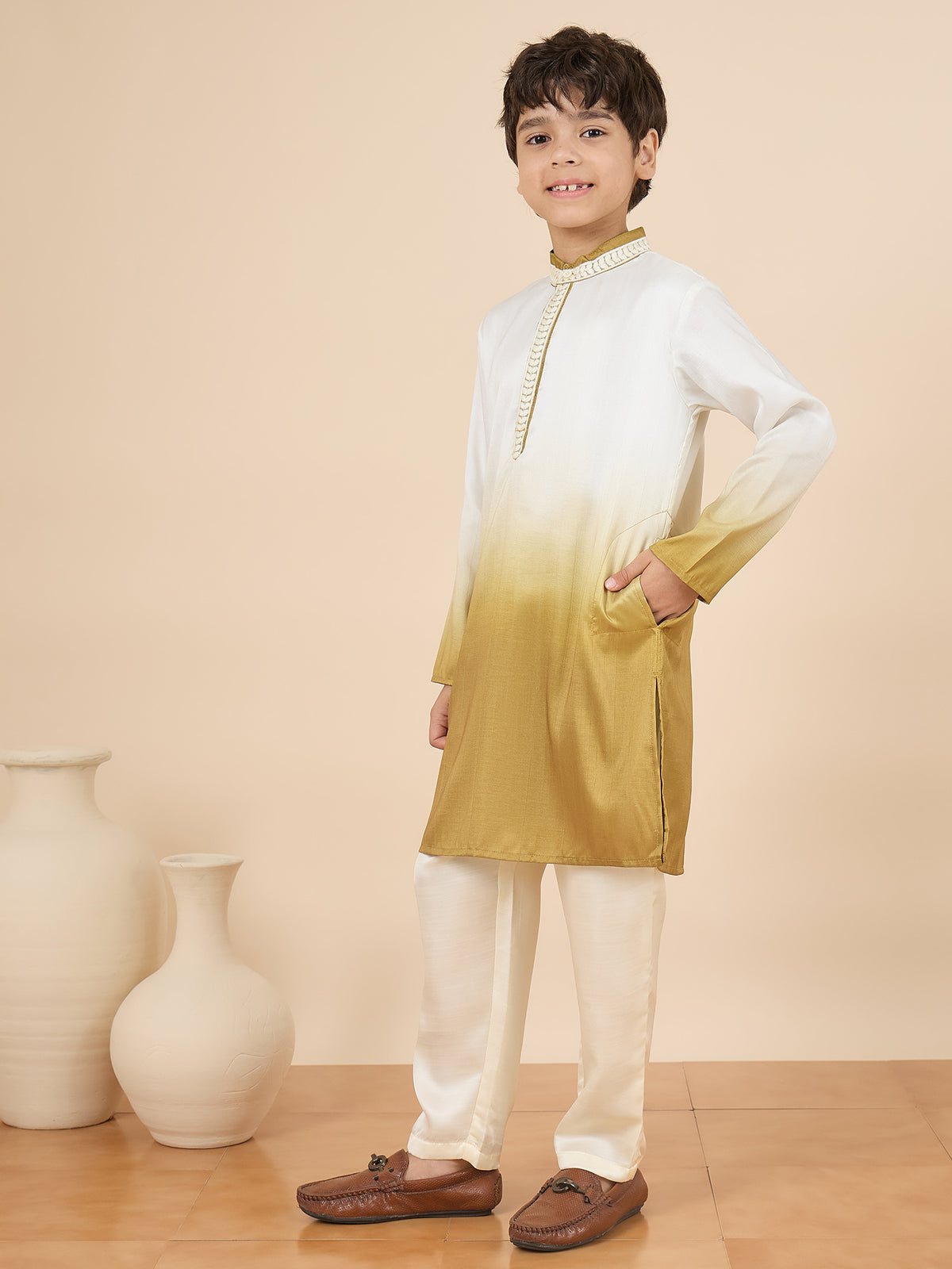 Boys Full Length Solid Kurta Set - Off-White