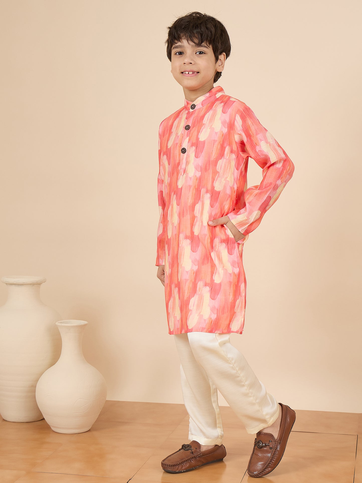 Boys Full Length All over Print Kurta Set - Red
