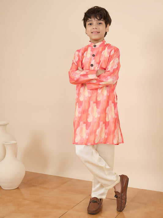 Boys Full Length All over Print Kurta Set - Red