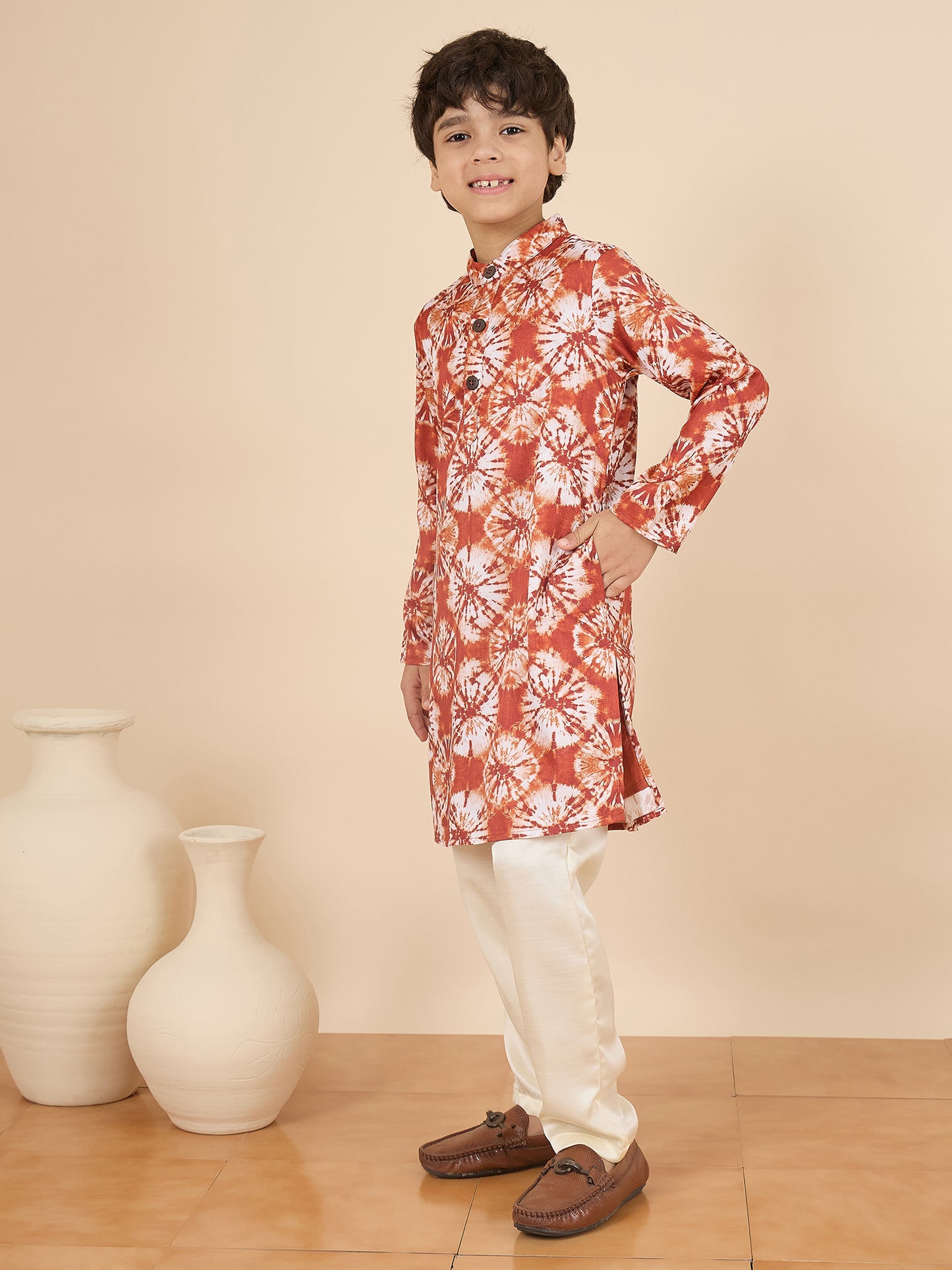 Boys Full Length All over Print Kurta Set - Brown