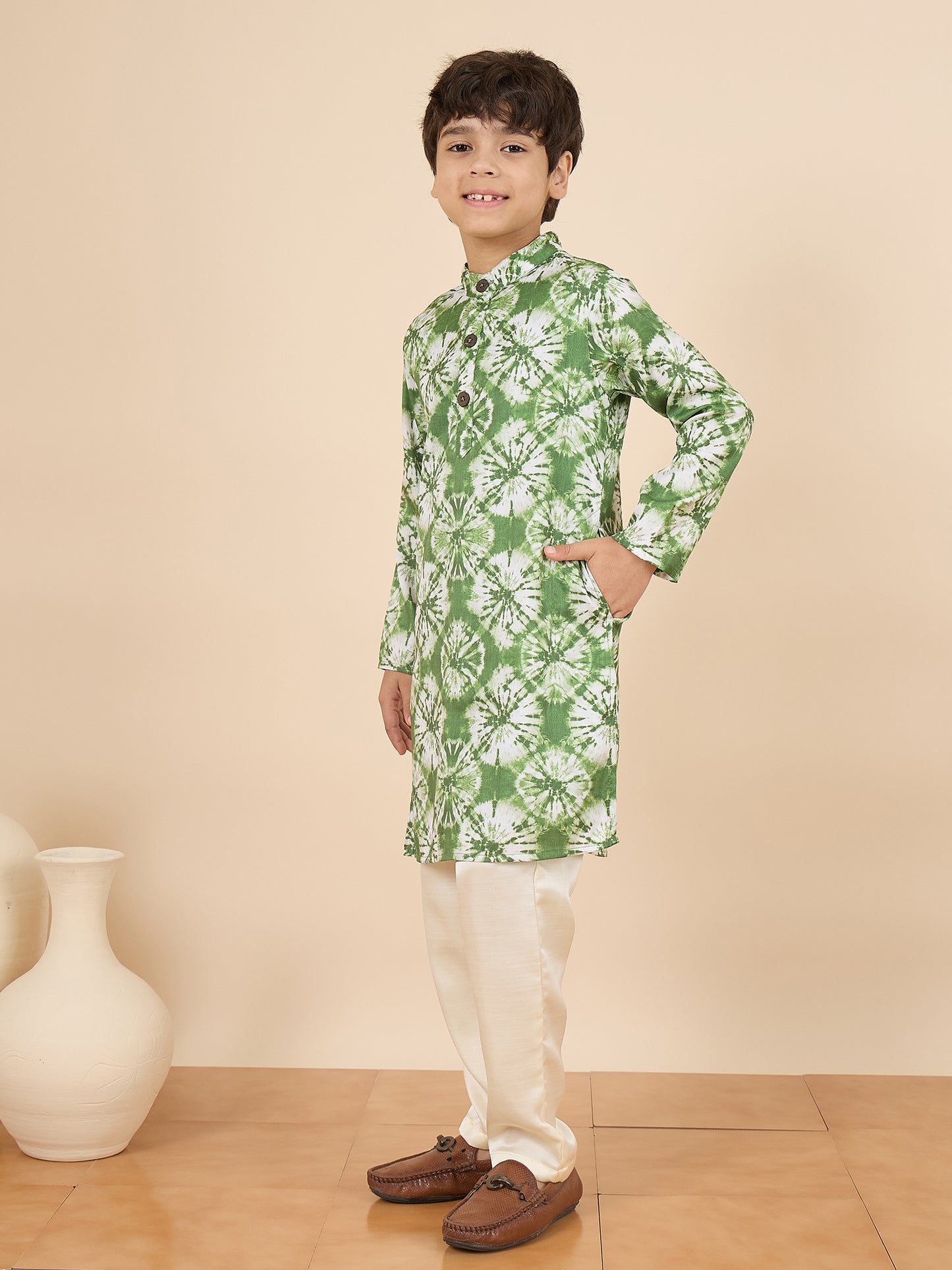 Boys Full Length All over Print Kurta Set - Green