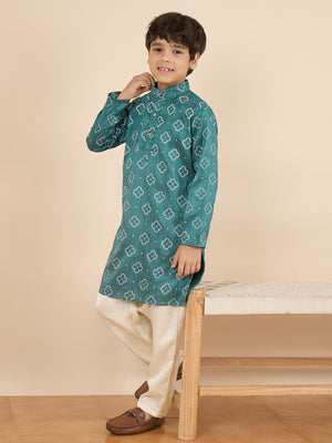 Boys Above Knee All over Print Kurta Set - Green