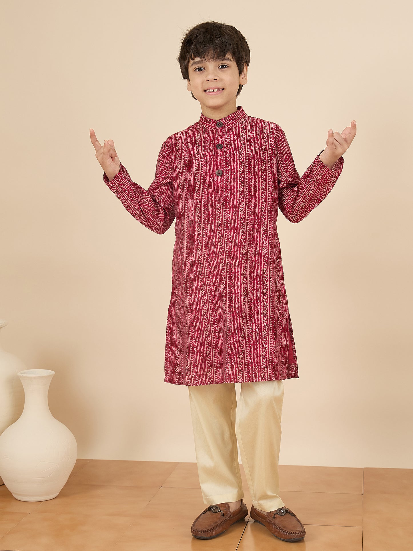 Boys Full Length All over Print Kurta Set - Maroon