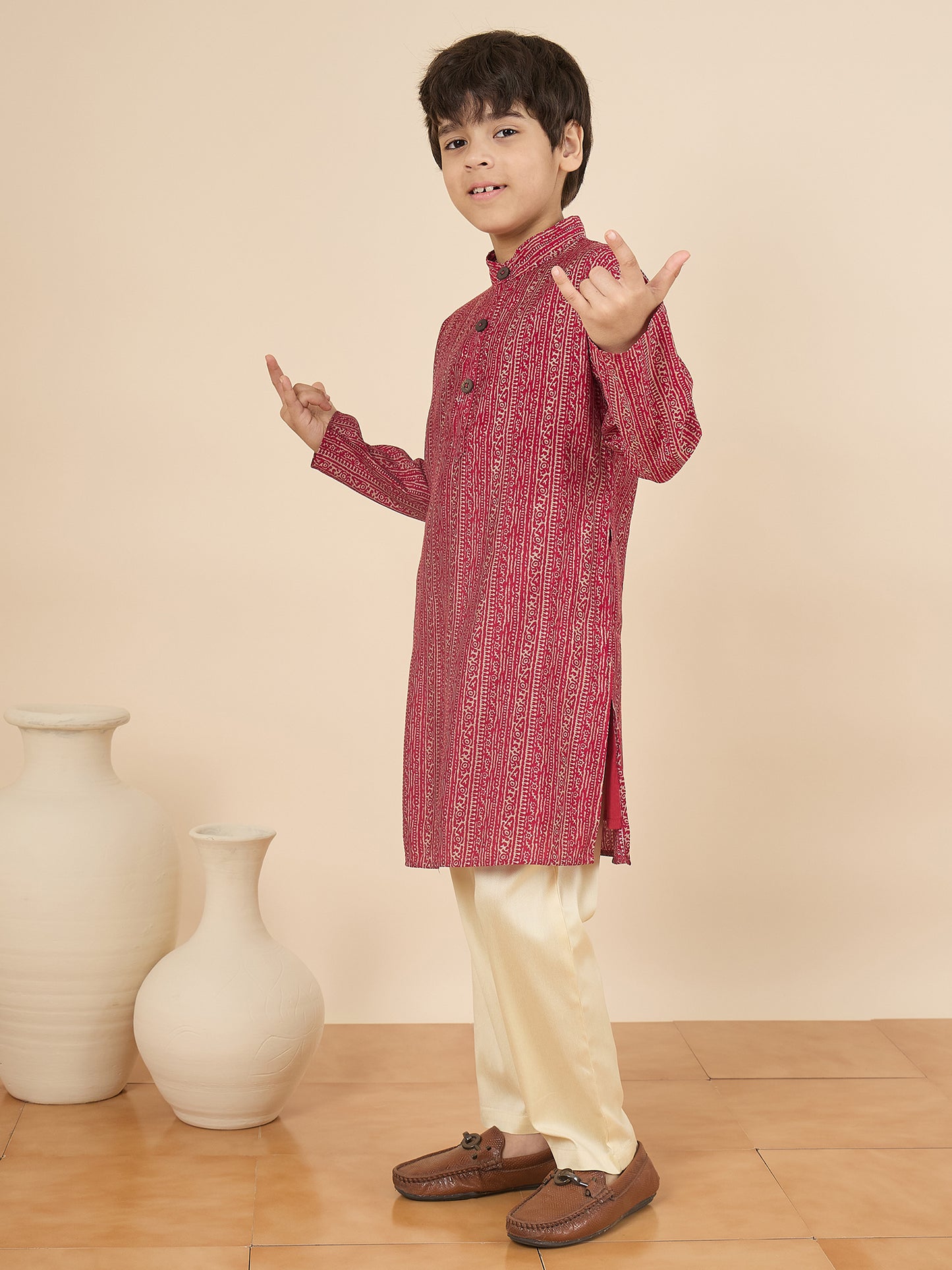 Boys Full Length All over Print Kurta Set - Maroon