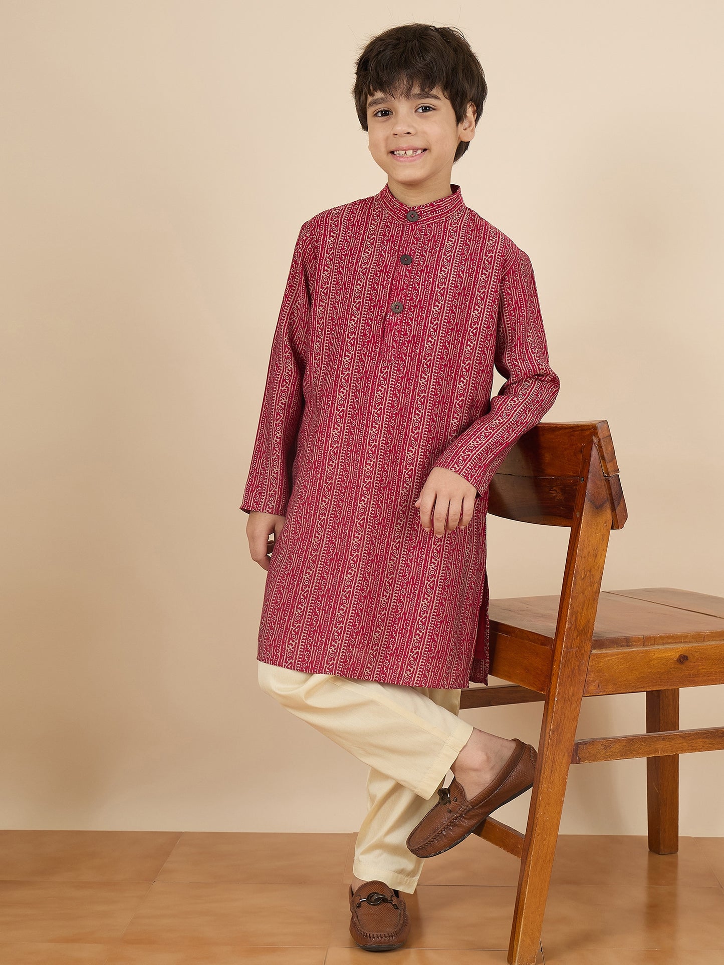 Boys Full Length All over Print Kurta Set - Maroon