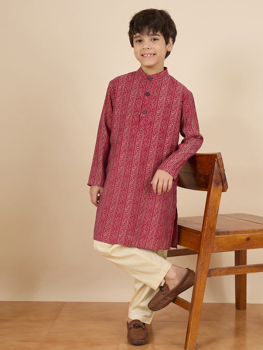 Boys Full Length All over Print Kurta Set - Maroon