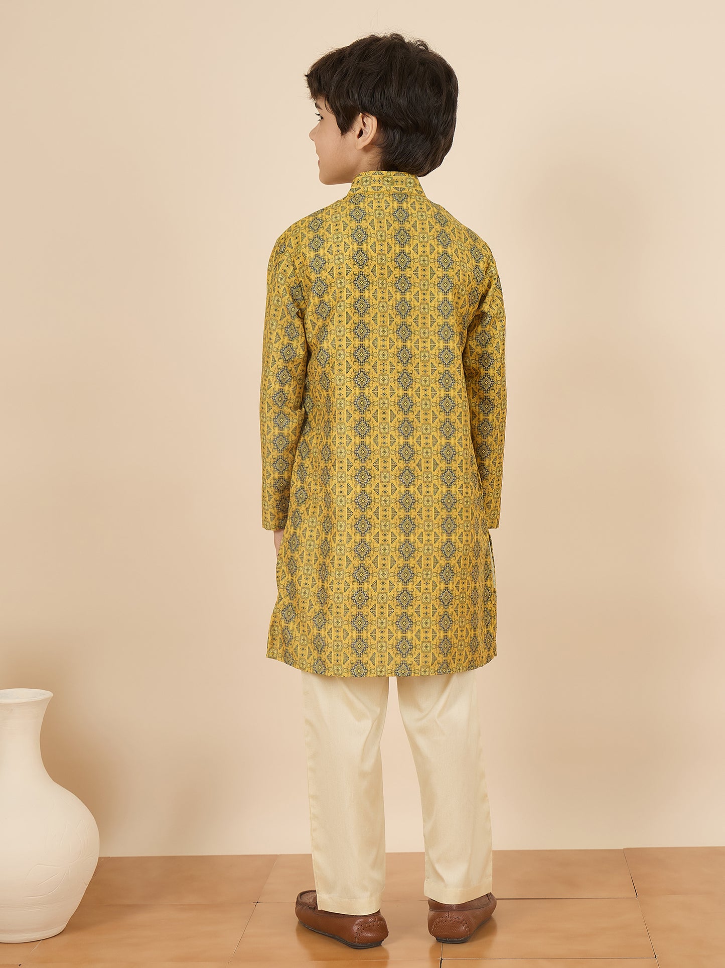Boys Full Length All over Print Kurta Set - Yellow