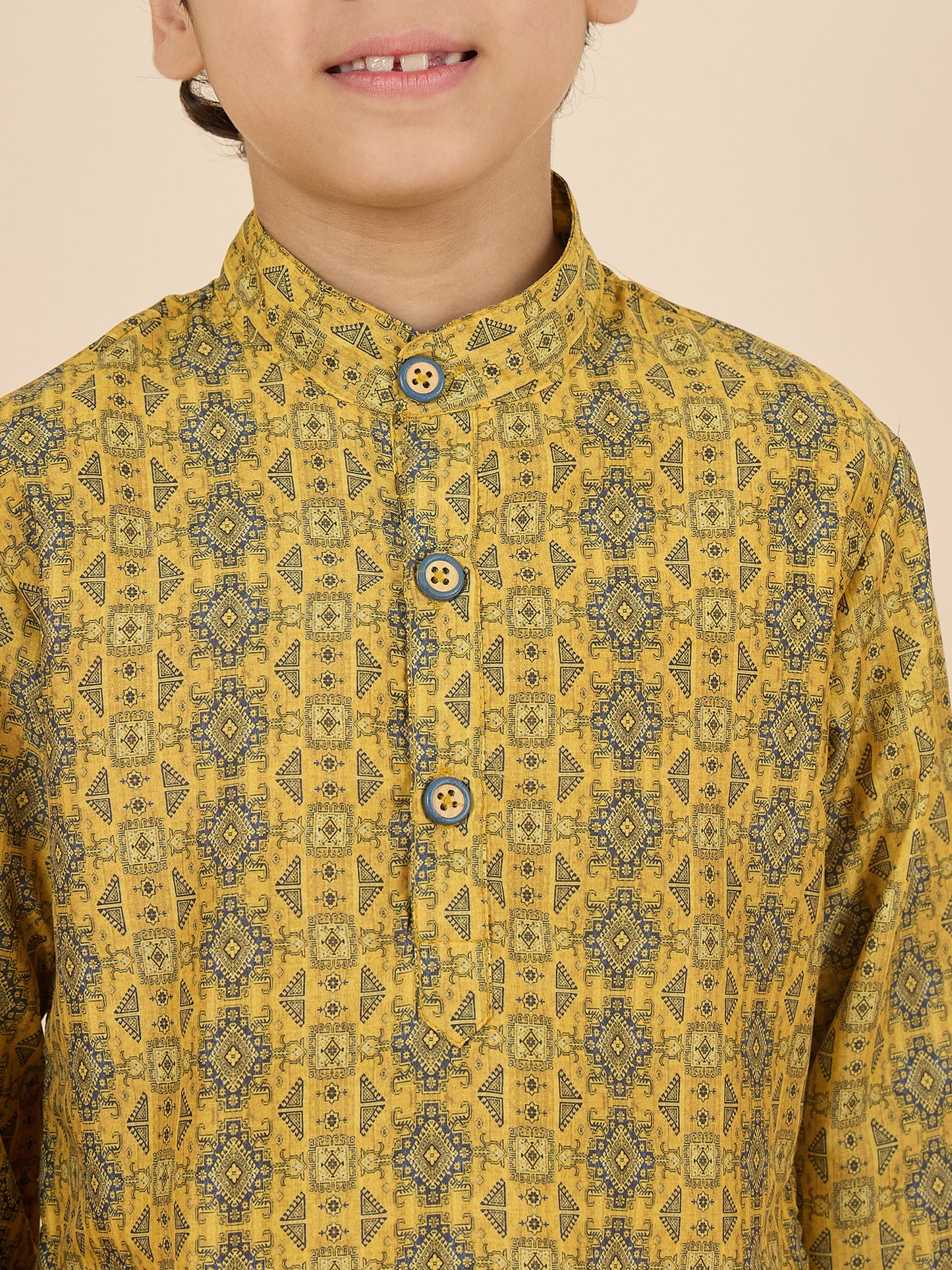 Boys Full Length All over Print Kurta Set - Yellow