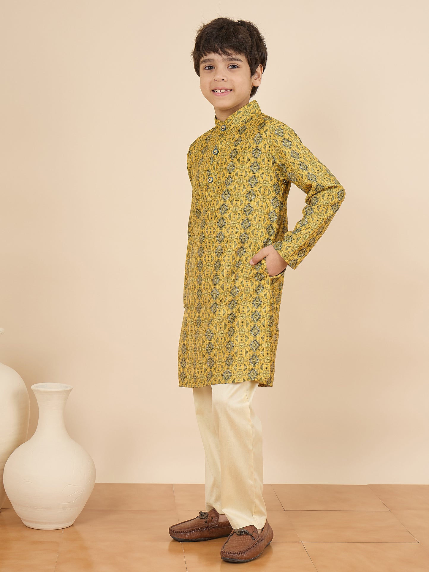 Boys Full Length All over Print Kurta Set - Yellow