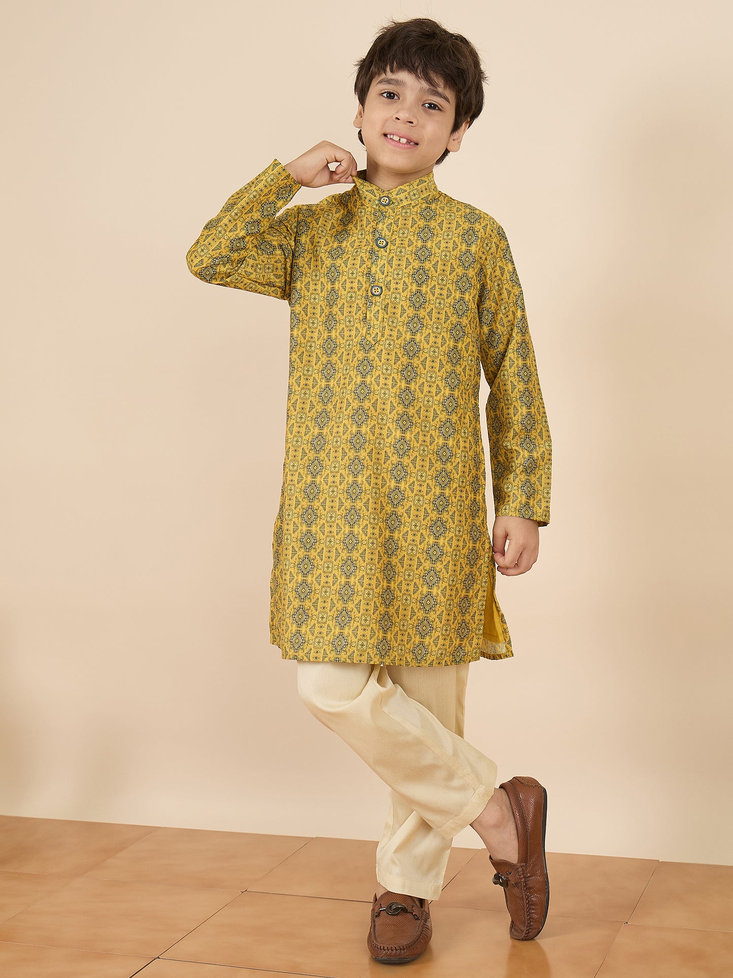 Boys Full Length All over Print Kurta Set - Yellow