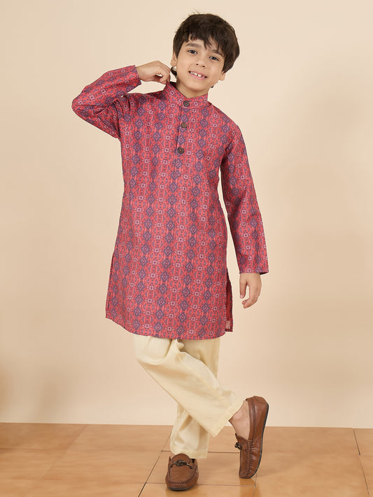 Boys Full Length All over Print Kurta Set - Maroon