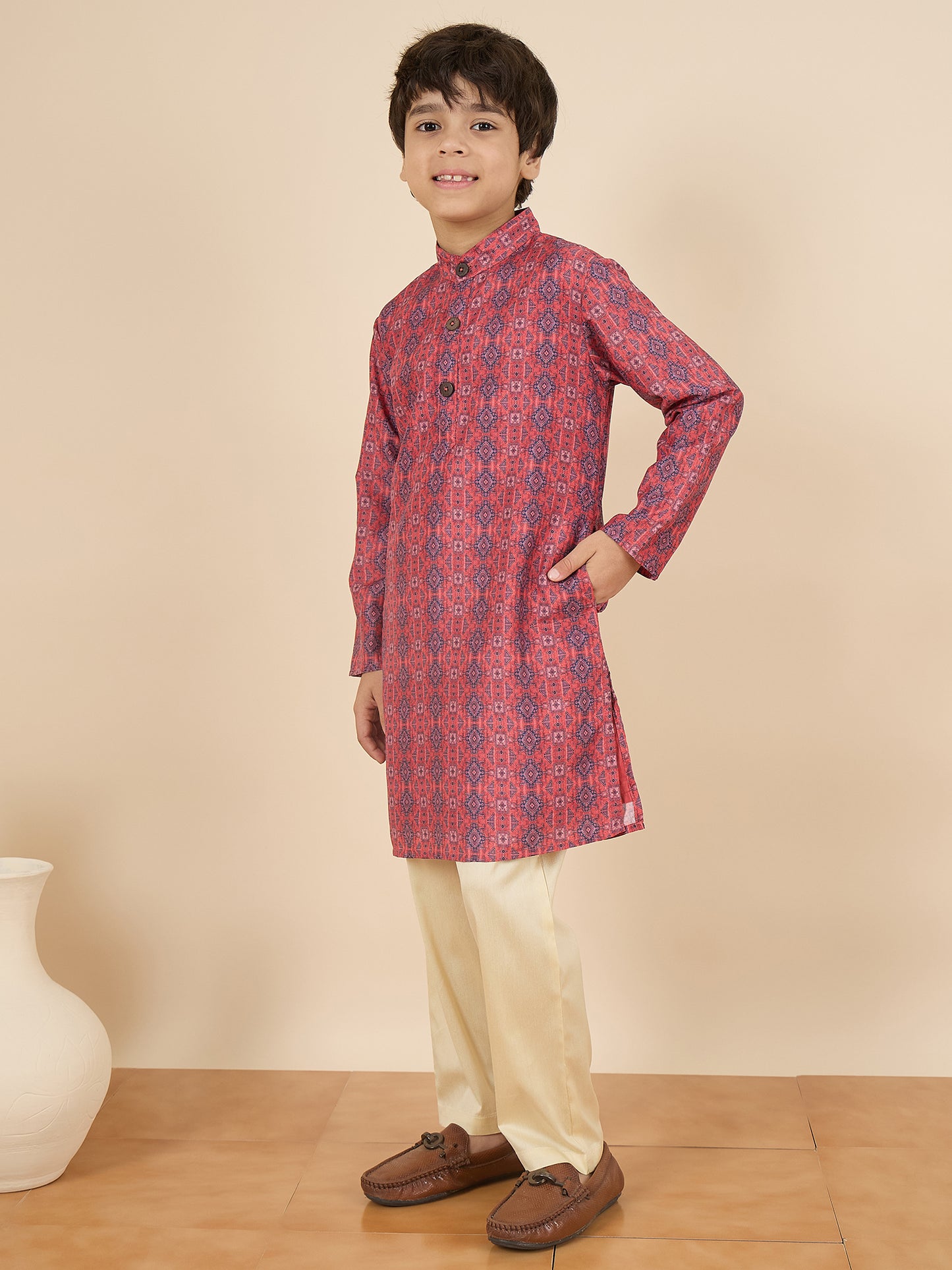 Boys Full Length All over Print Kurta Set - Maroon
