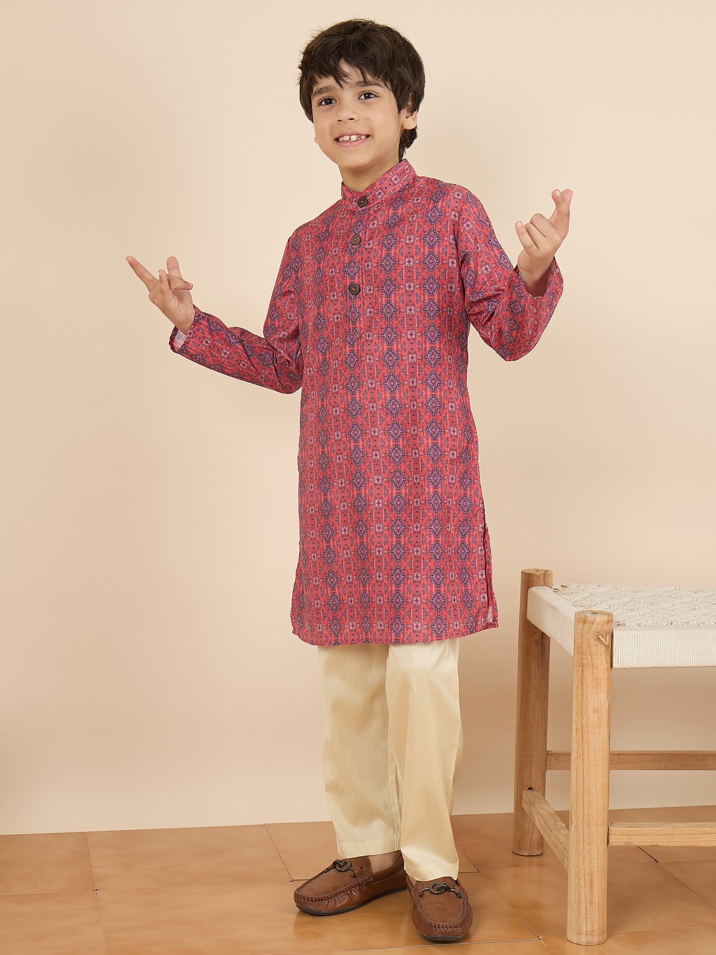 Boys Full Length All over Print Kurta Set - Maroon