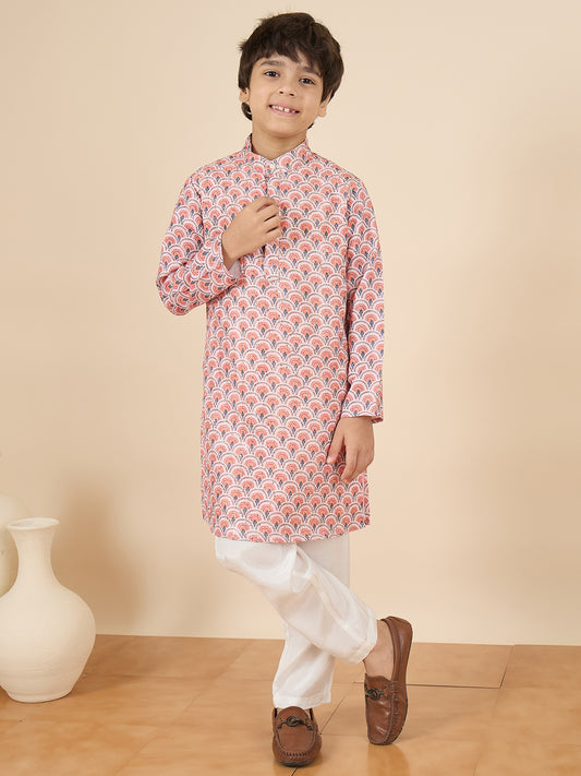 Boys Full Length Embroidery Kurta Set - Peach