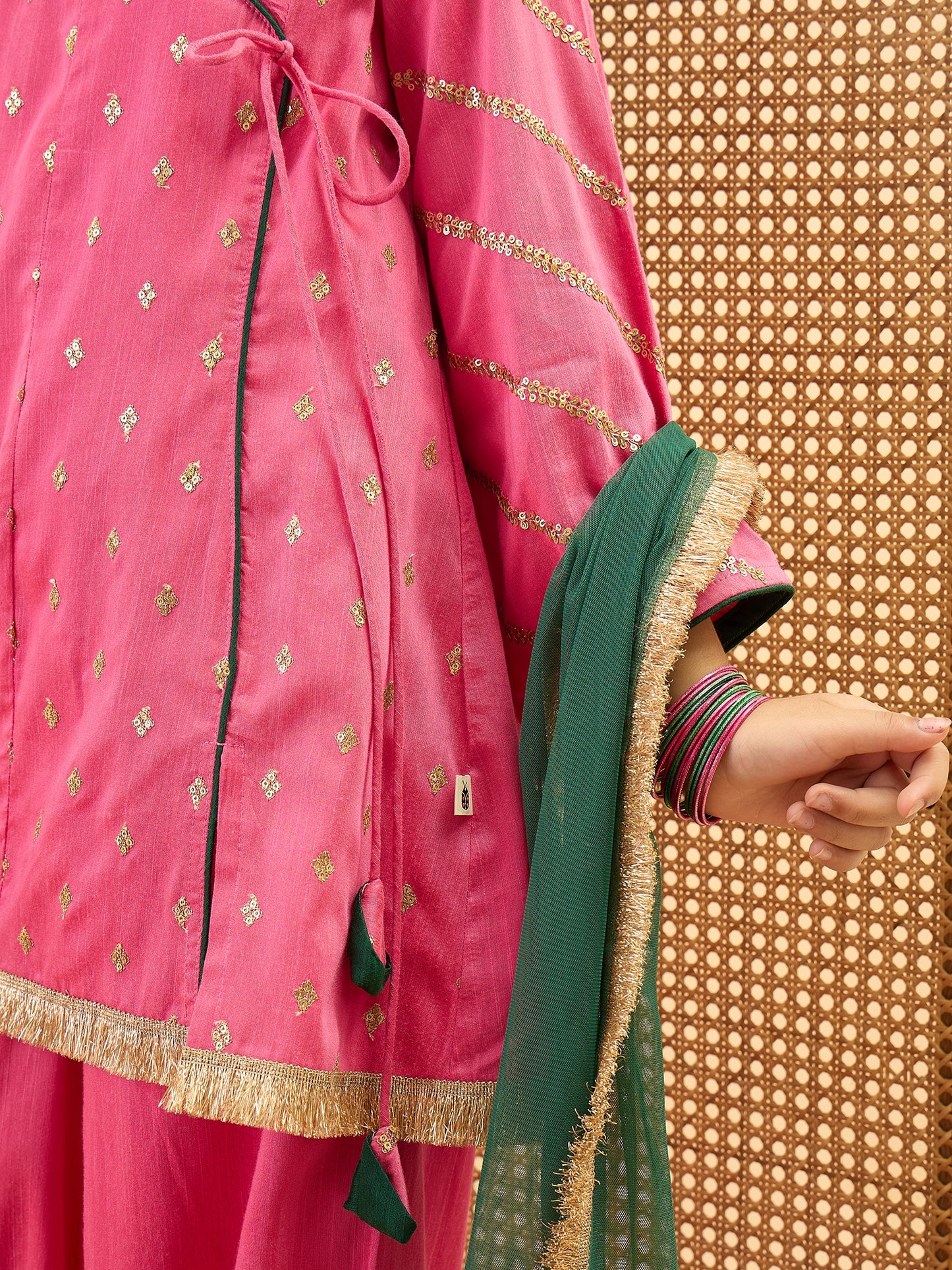 Girls Mid Thigh Embroidery Kurti Set - Magenta