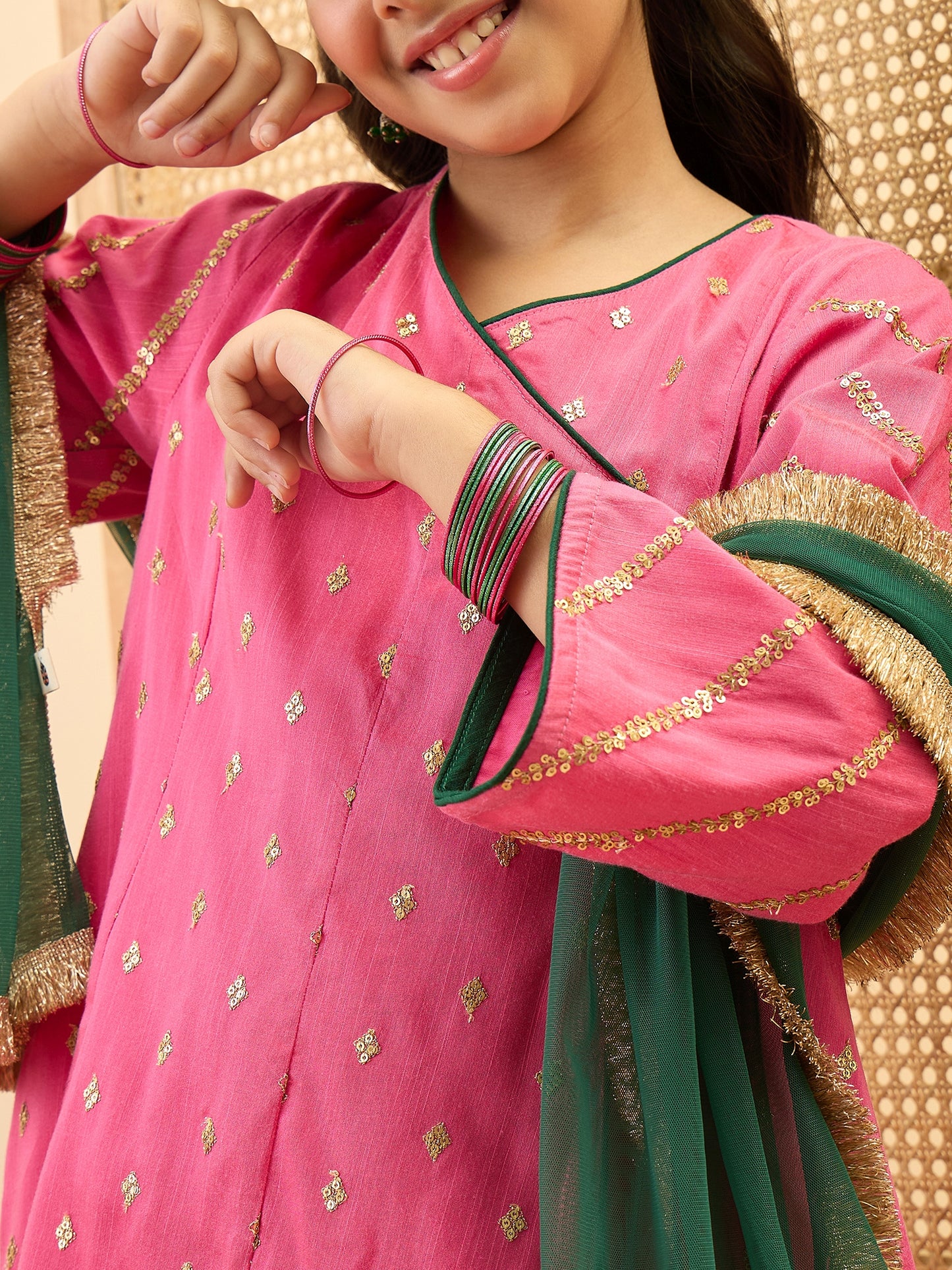 Girls Mid Thigh Embroidery Kurti Set - Magenta