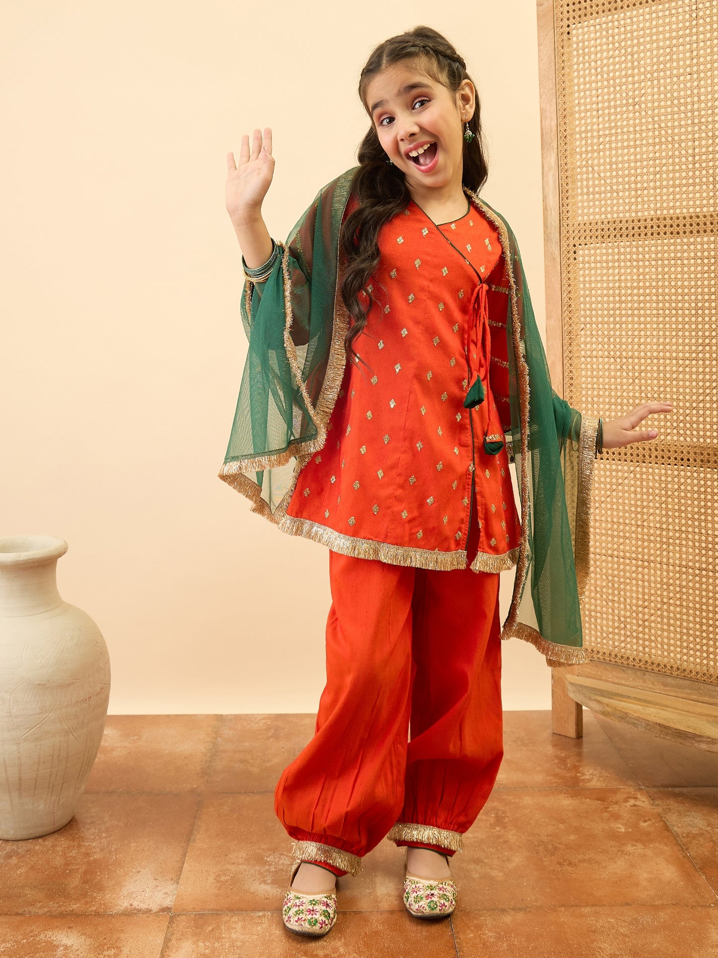 Girls Mid Thigh Embroidery Kurti Set - Orange