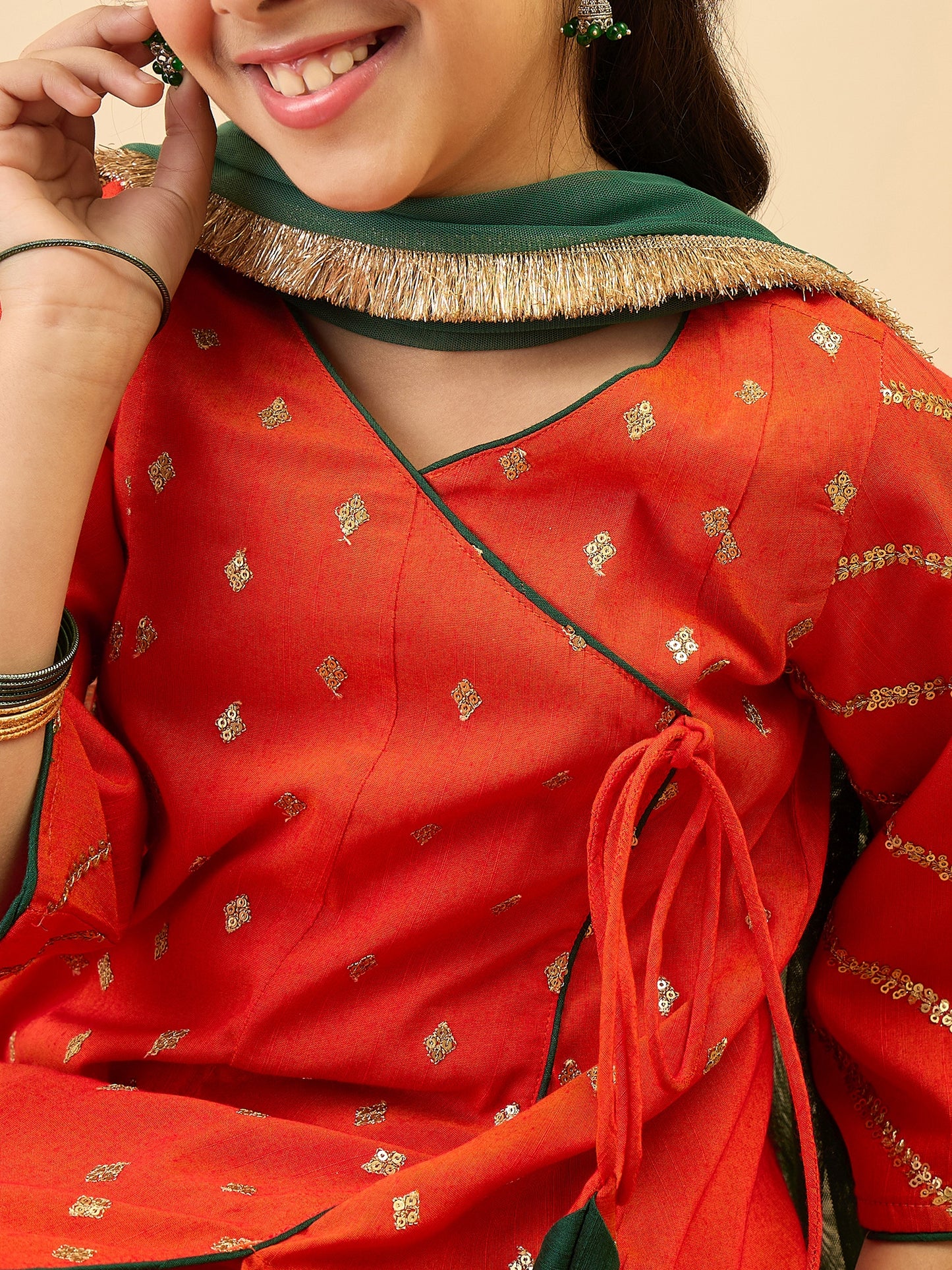 Girls Mid Thigh Embroidery Kurti Set - Orange