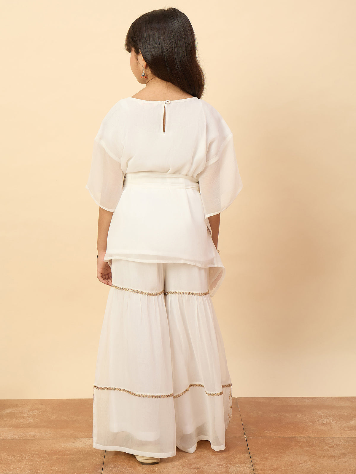 Girls Hip Length Embroidery Kurti Set - Off-White