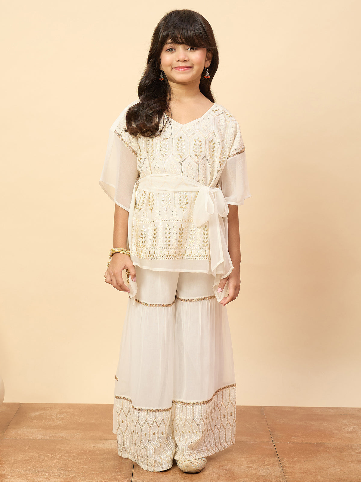 Girls Hip Length Embroidery Kurti Set - Off-White