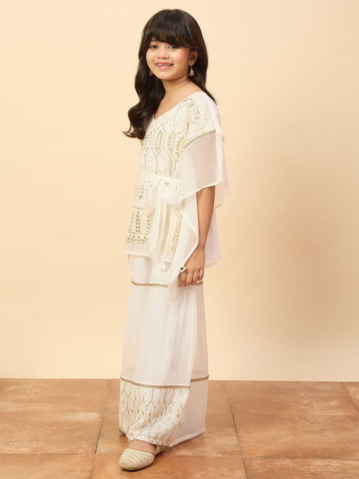 Girls Hip Length Embroidery Kurti Set - Off-White
