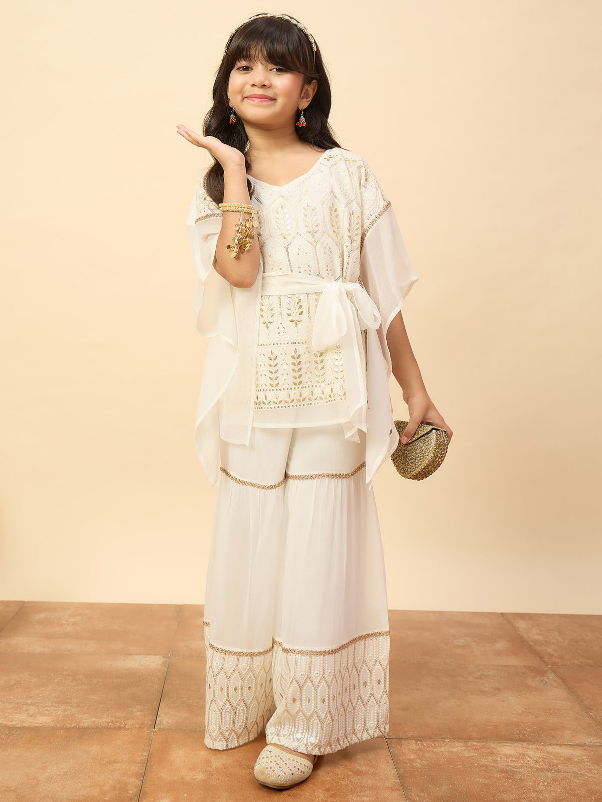Girls Hip Length Embroidery Kurti Set - Off-White